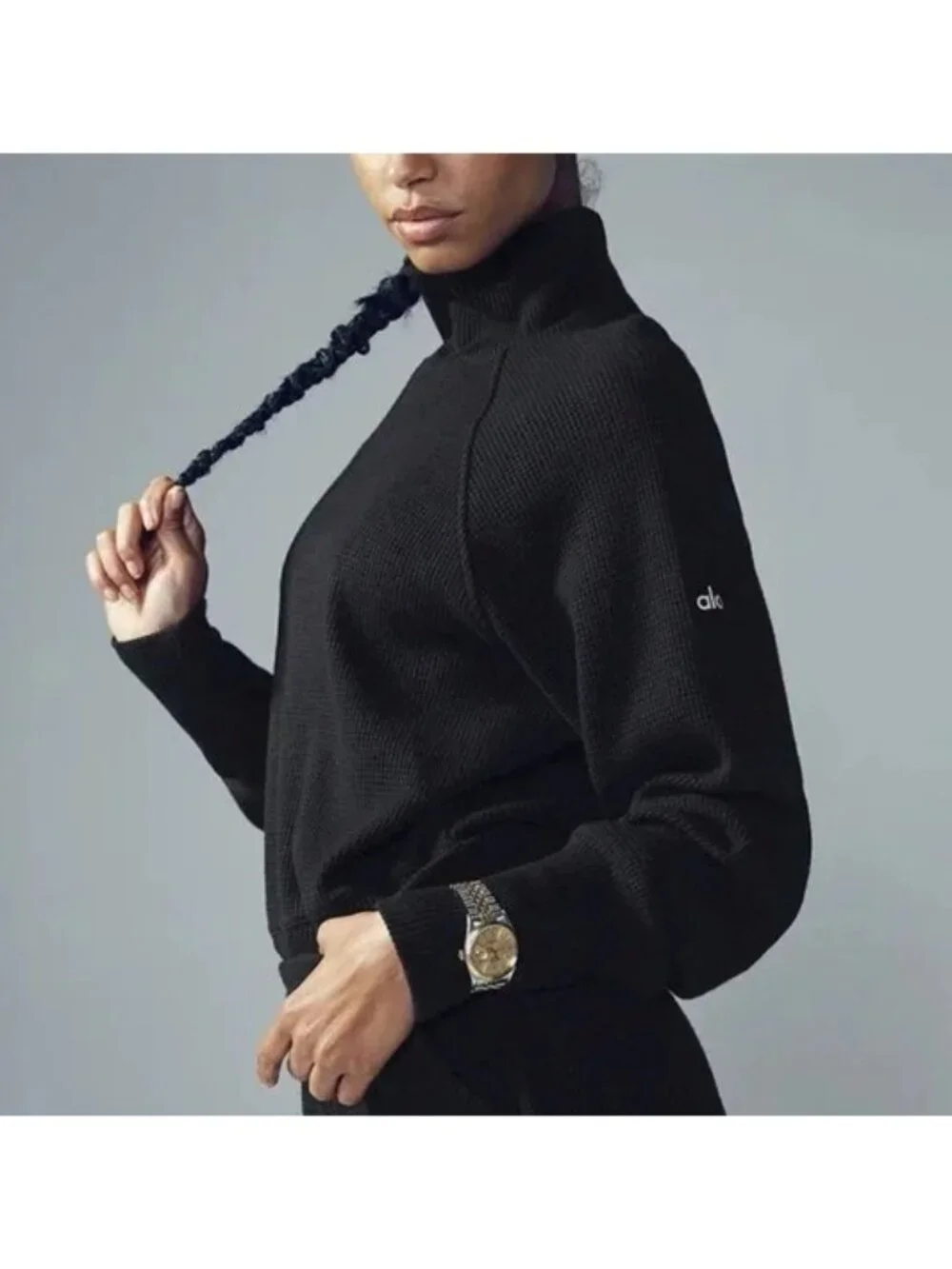 Alo Waffle Weekend Escape Mock Neck Long Sleeve Black Turtleneck Thermal Sweater